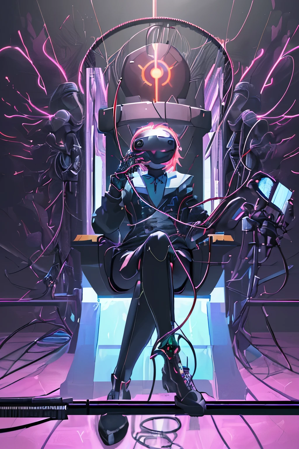 (best quality,highres:1.2), (anime,kyoto animation style), (cyber god), (detailed, ultra-fine painting), (virtual reality, futuristic),(throne), (wires, cables, electric signals), (neon lights, vibrant colors), (dark atmosphere)