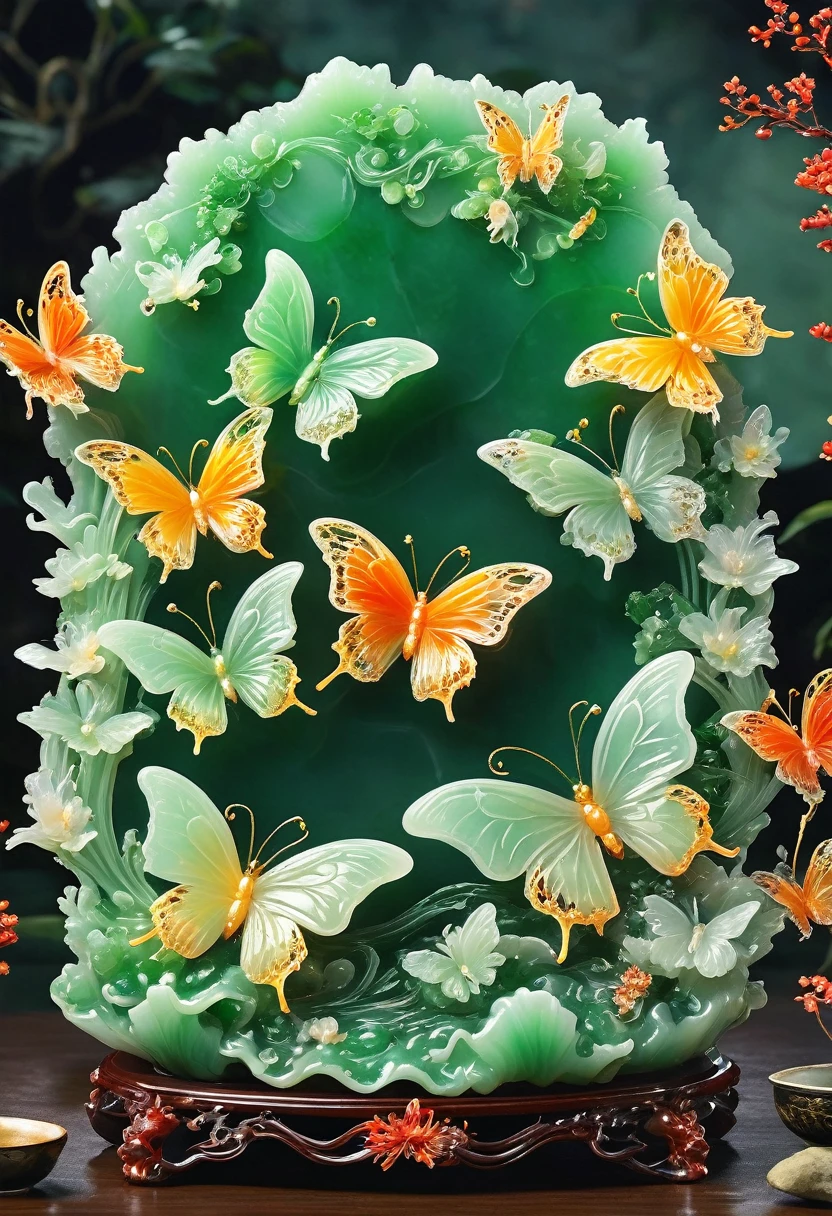 best quality, very good, 16K, ridiculous, Extremely detailed, Gorgeous butterflies,Made of translucent jadeite, Background volcano((A masterpiece full of fantasy elements))), ((best quality)), ((Intricate details))(8k)