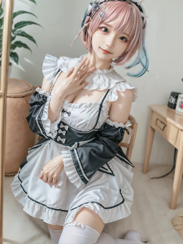 (8K, Photorealistic, Raw photo, of the highest quality: 1.3), (1girl in), Super beautiful, (Realistic face), (boyish, light blue Color Berry Shorthair),(8K, Photorealistic, Raw photo, of the highest quality: 1.3), (1girl in), Super beautiful, (Realistic face), (boyish, pink Color Berry Shorthair), Beautiful , Glare that captivates the viewer, Beautiful expression, Beautiful breasts, (Realistic skin), Be...Create a detailed and colorful image of Ram and Rem from Re:Zero, standing back-to-back in their maid outfits, with a magical fantasy background、14years old, two girls,cute, perfect face, beautiful, nice body, gothic ta clothes, gothic loliashion, frilly skirt, headdress, necklace, bracelet, knee-high socks, boots, double eyelids, tear bags, Detailed down to the fingers, photo-like description, indoors, dim indoor lighting, one girl is pink hair and short bob, another girl is light blue hair and short bob,standing, whole body, composition that shows the whole body, smiling,The Both of them are wearing the same type of maid outfit