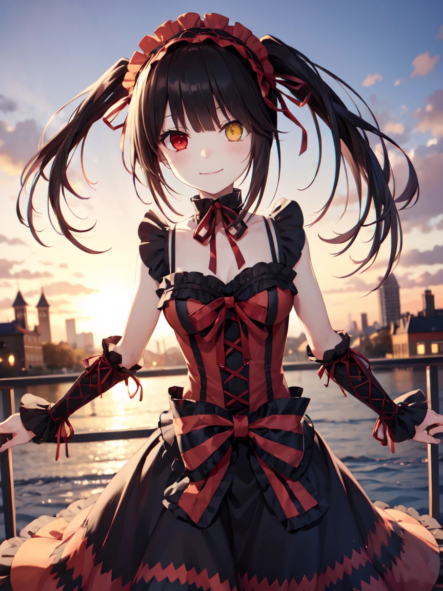 masterpiece, best quality、street、put your arms behind your back、Black Hair, Long double ponytails, (Yellow eyes:1.2), heterochromia iridis, (Red Eyes:1.2),Tokisaki Kurumi、Smile,Gothic ta Clothing Accessories、victorian maid headdress、Black Ribbon、shut up、Gothic Lolilothing Accessories