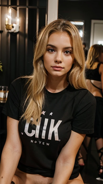 Make blonde woman in a black t-shirt at a party with a pet cat