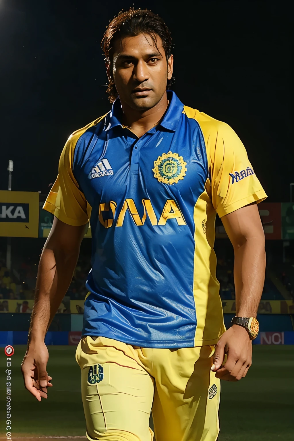 Ms dhoni with csk jersey with yellow background and statium 8k with walking 