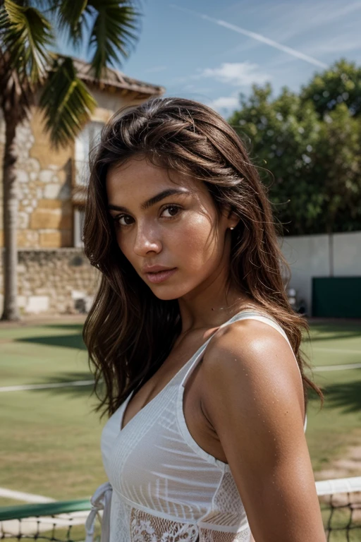 gorgeous a spanish girl, Superior quality, best quality, Beautiful and aesthetic:1.2), tenue de port dans un terrain de tennis 18 ans, corps parfait, visage rare et parfait, (highly detailed skin), cheveux longs noirs, Texture de la peau, Mise au point nette sur un visage rare, yeux marrons parfaits, (photorealistic), Grain du film, first name Samira,