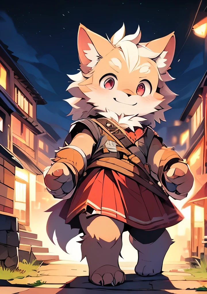 hairy ，hairy尾巴，Emphasize white fur，Delicate fur，Cute little kid，Pink skirt，young， And lovely emphasis，Walking posture，Character details，with a smile on his face（1.2），Outstretched paws，Pink meat pads，Enhanced long-haired animals（1.2），night，Payment（1.1）。solo，The only person，male，Wolf Orc，Adventurer