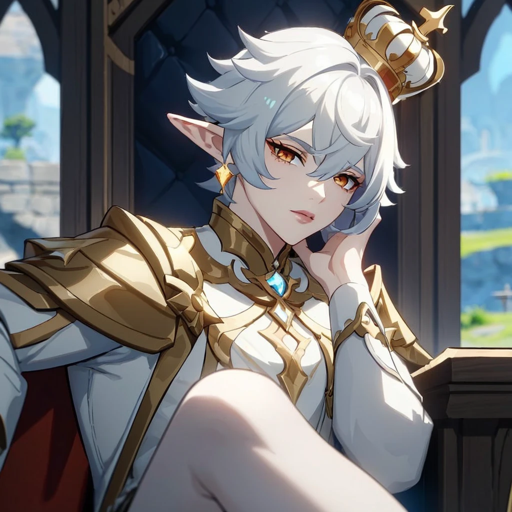 (Masterpiece), (Best quality), (((1male))), Short hair, white hair, solo, short feathered pixie haircut, HD quality, (((High Resolution))), orange-gold eyes, elf, pointy ears, wears soft red eyeshadow, golden earrings, crown, pale skin, white royal clothes, (juicy lips), lushes lips, lean but has some muscles, (male focus), sitting on luxurious throne, perfect eyes, (perfect hands:1.1), (close up:1.3), (RPG style of genshin impact), ((RPG style of genshin impact)), (((Genshin impact screenshot:1.3))), (genshin impact shaders), detailed RPG shaders