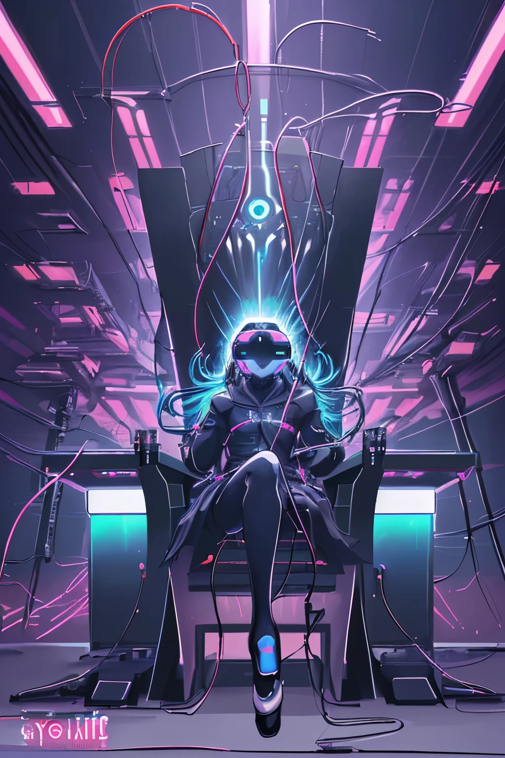 (best quality,highres:1.2), (anime,kyoto animation style), (cyber god), (detailed, ultra-fine painting), (virtual reality, futuristic),(throne), (wires, cables, electric signals), (neon lights, vibrant colors), (dark atmosphere)