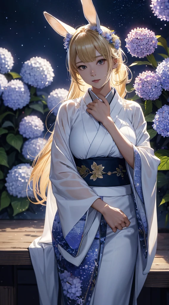 masterpiece, high quality, 4K, Beautiful design, silhouette，blonde， 非常に詳細な夜のStarry Sky,Hydrangea flower garden， wonderful, Finer details,  Very knowledgeable woman, Highly detailed solo, 1 female,Bunny ears，Big Breasts，White kimono，Night view，Starry Sky，full moon，