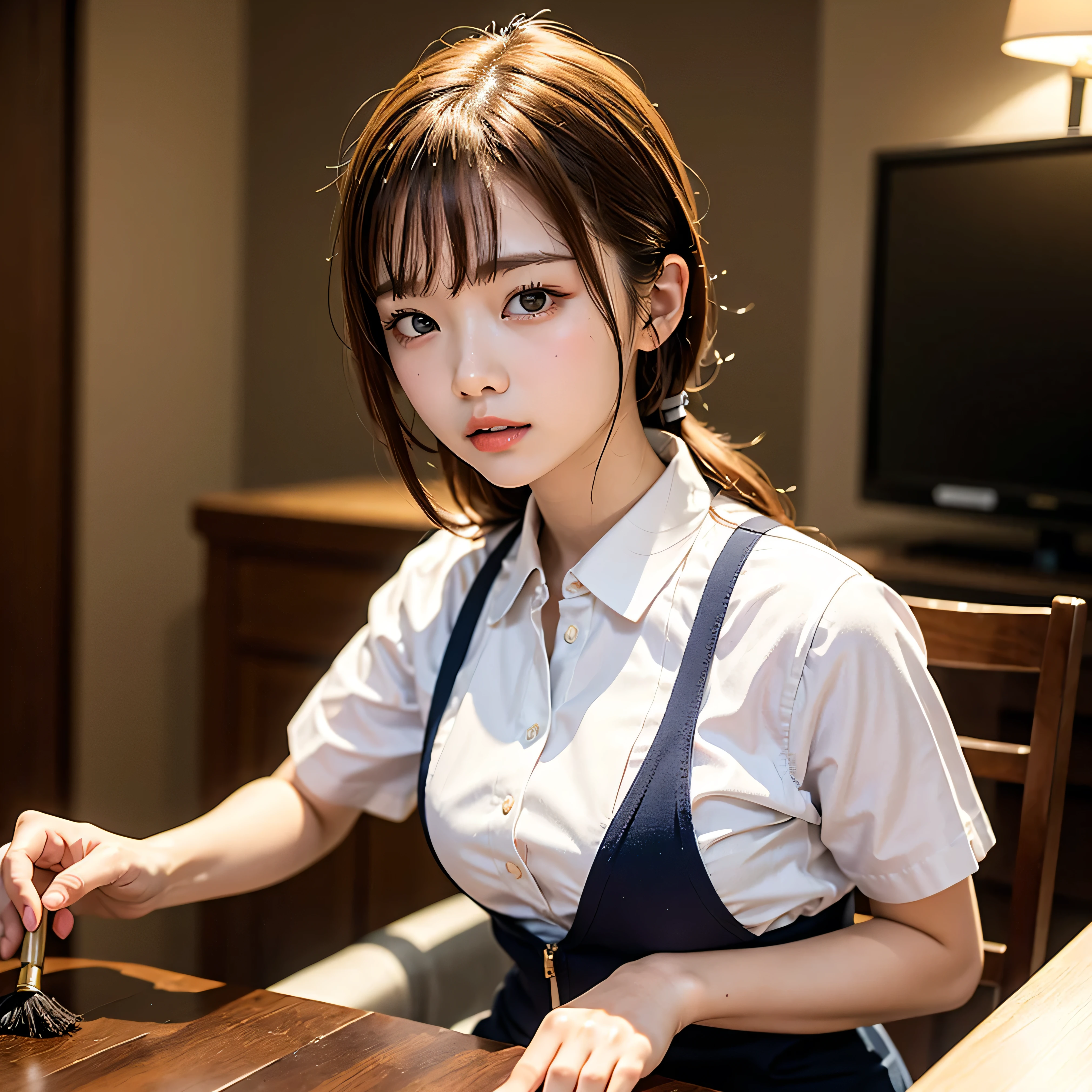 (Tabletop, highest quality:1.2), 8k, Official Art, RAW Photos, Full Board Bill 4、uniform、Get a broom and a stove、Clearing the landscape、Wear with a broom、Beautiful breasts are thin、18 years、、unbelievably ridiculous, (Upper Body、uniform:1.4), beautiful girl, Pretty face, lean back,、Gold ornament in hair、close, Sailor suit, Short sleeve, Violet, Teen, View your viewers, Film Grain, chromatic aberration, Sharp focus, Face Light, Dynamic Lighting, Cinema Lighting, Eyes and facial details, Bokeh Background,