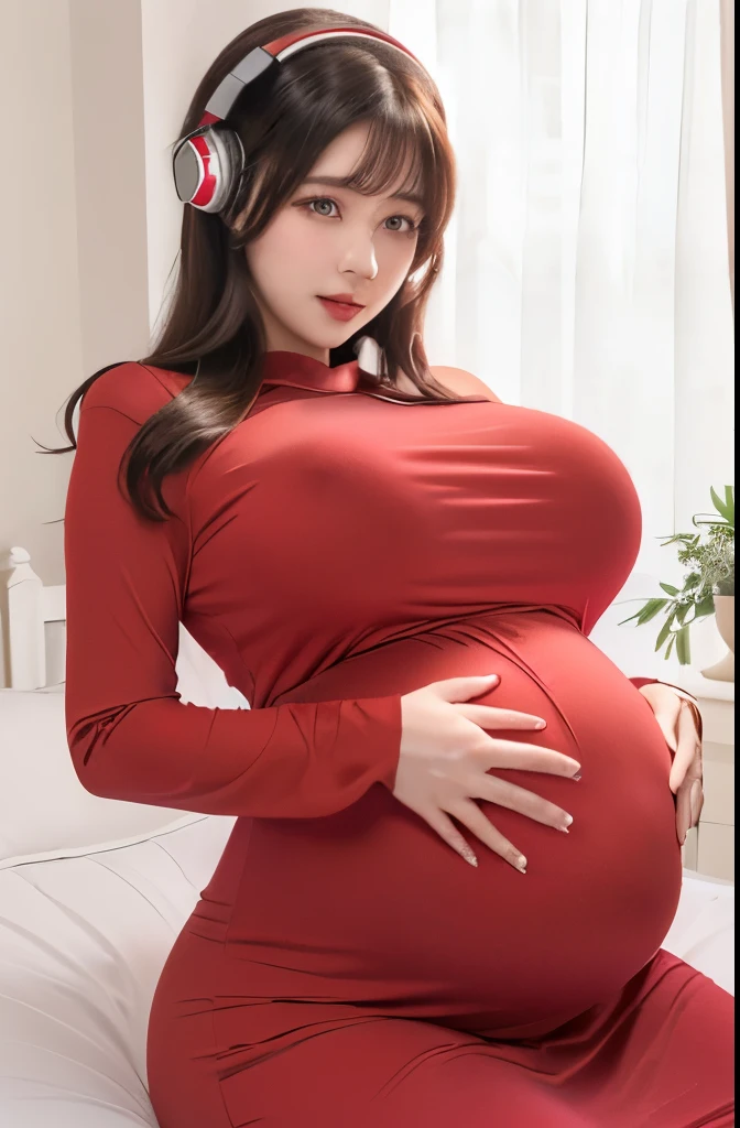 pregnant woman in red dress sitting on bed with headphones on, rin tohsaka, pregnant belly, pregnant, she has a jiggly fat round belly, guweiz, thicc, her belly is fat and round, [ 4 k digital art ]!!, with a large breasts, by Shitao, in a red dress, seductive anime girl