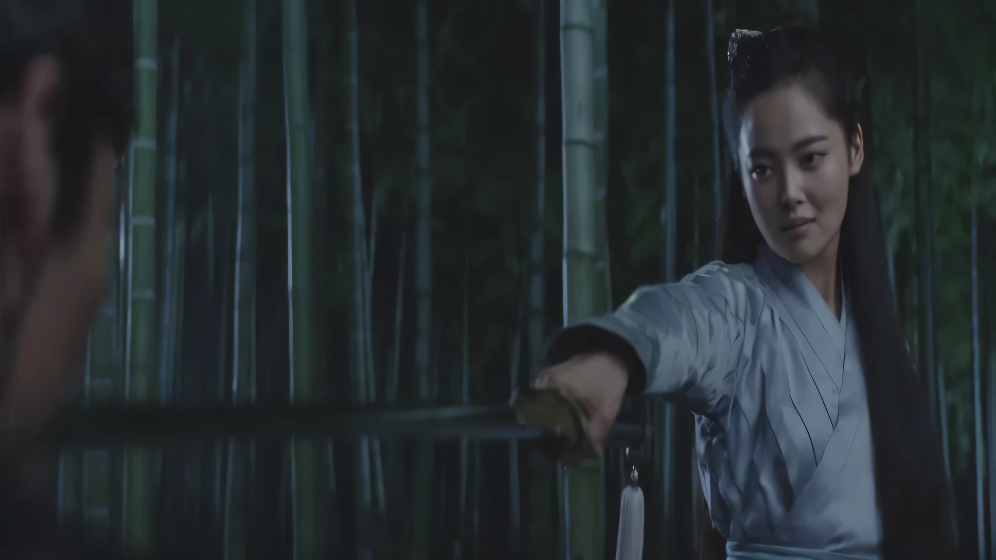 Female figure holding a sword in a bamboo forest, hold sword in the forest, Still from a live action movie, Fox Shin holding a naginata, Wielding a seedling knife, Movie opening shot, Swinging reflective seedling knife, she is Holding a Miao knifesword, Holding a Miao knife, Holding a Miao knife, Holding a Miao knife,Chic,Female Warrior,Martial Arts