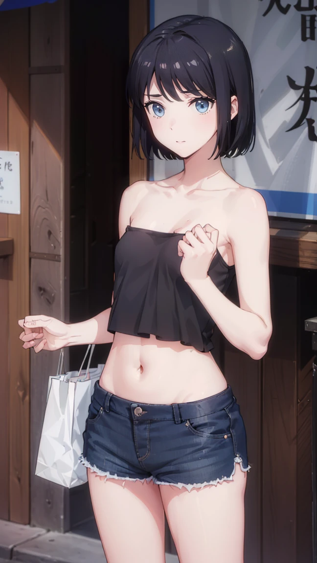 woman,Full body photo, ((Morning shopping street. ))) Best image quality, high quality, The background is clear,きれいなwoman, Japanese, detailed, detailed eyes, detailed skin, Beautiful Skin, 超High resolution, (reality: 1.4),とても美しいwoman, A little younger face, Beautiful Skin, thin, (Ultra-photorealism), (High resolution), (8k), (非常にdetailed) (Beautiful and detailed eyes), (非常にdetailed), (detailed face), Displaying the viewer, Fine details, detailed face, Staring straight ahead, Staring straight ahead, Photo Real, Baby Face,Hairstyle: short hair,smile,(((tank top, breasts out,belly button、Shorts、)))(Flat chested,)(((flat chests,)))((strapless,))hair over one eye, from below,