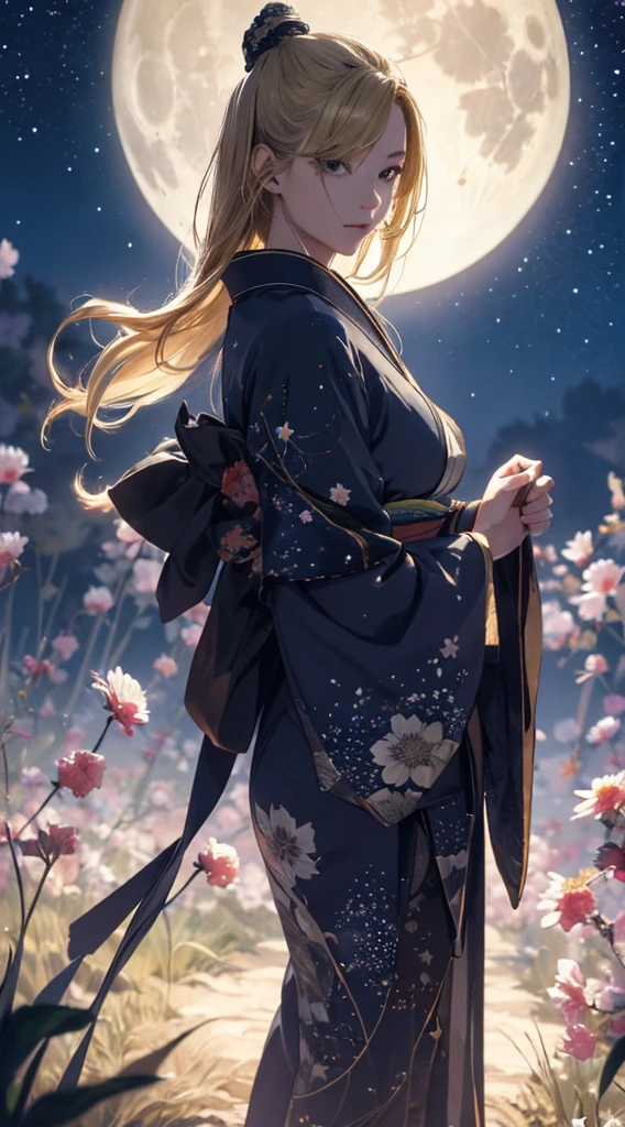 masterpiece, high quality, 4K, Beautiful design, silhouette,blonde, 非常に詳細な夜のStarry Sky,Flower Field, wonderful, Finer details, Very knowledgeable woman, Highly detailed solo, 1 female,I like rumors,Big Breasts,kimono,Night view,Starry Sky,full moon,