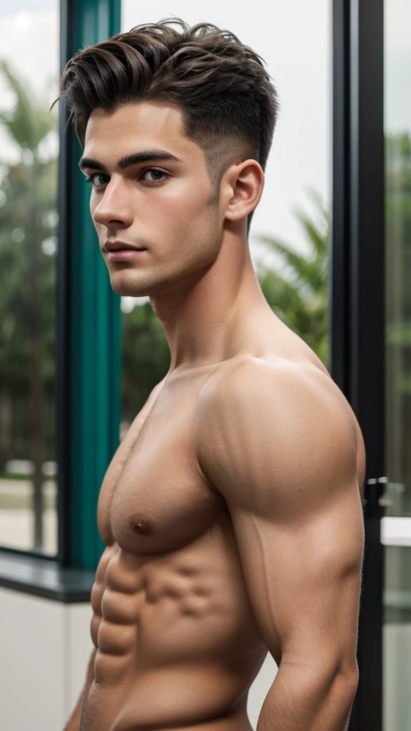 Young white man, , black hair, military haircut, fixed green eyes, sharp features, no facial or body hair, height 1.90, weight 93 kg, muscular aesthetic build , broad shoulders, wide back,V-shaped body, perfil entire view,