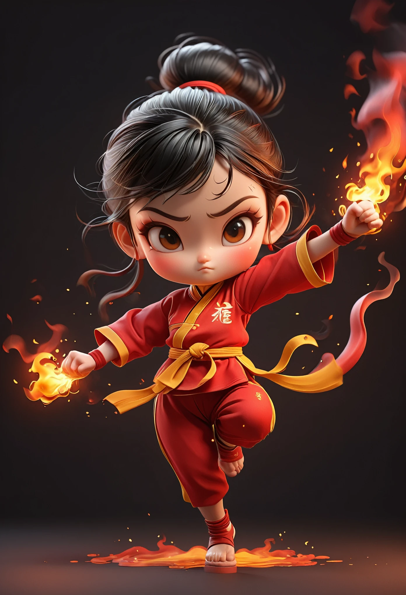 3D，Kung Fu Girl，Flames coming out of the body，Cartoon Style