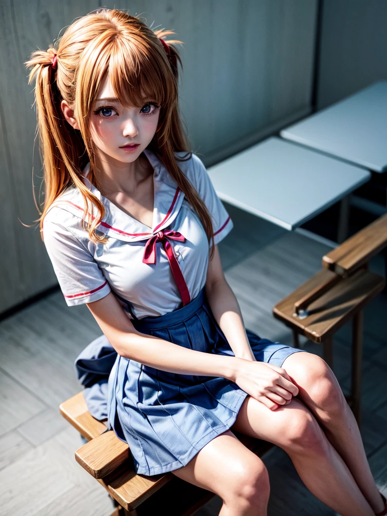 (8k, highest quality, Pieces fly:1.2)、Ultra-high resolution、anime,1 very pretty girl,Asuka Langley,Highly detailed face, Fine grain,blue eyes,,White sailor collar plain short sleeve shirt,Light blue skirt,Light Blue Suspenders,uniform_Red ribbon,Orange Hair,Long Hair、Detailed hand and fingers,put your hands in your hair,Grin、sitting on desk,Shooting from the sky,classroom