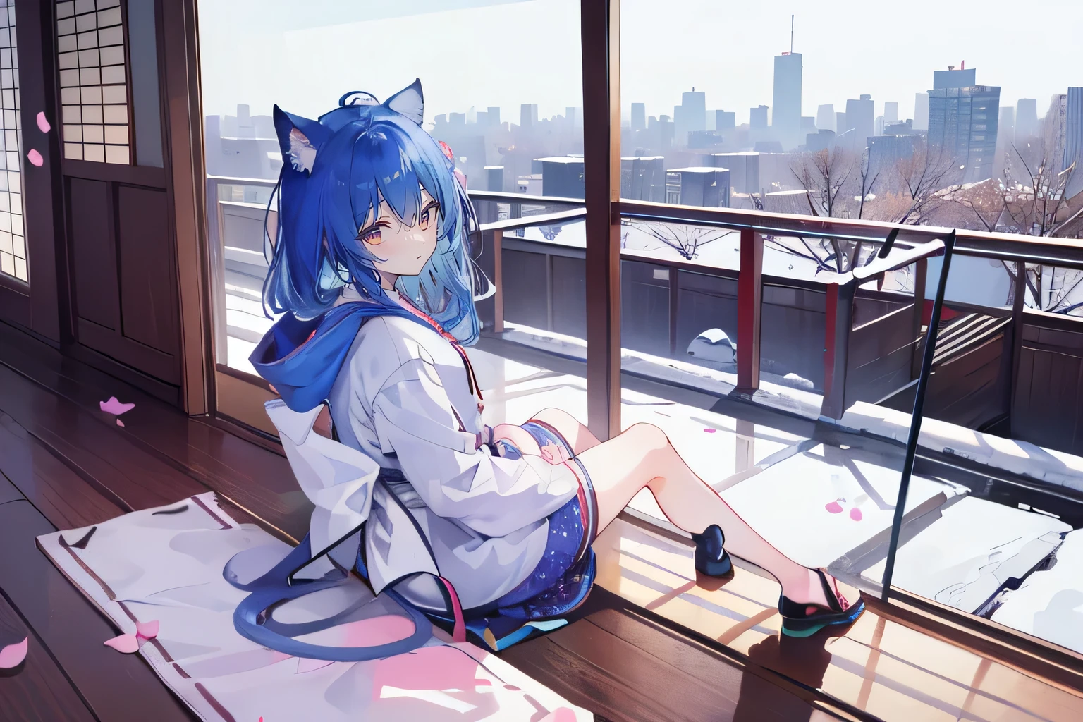 (masterpiece:1.2),Super detailed,lifelike,Expressive eyes,fair skin,perfect face shape,1 girl,
Japanese comics,Gorgeous blue hair,flowing blue hair,flowing clothes,Cat ears,Petals fall,beautiful lola,Baby Angel,
Cross your legs,Gentle and peaceful background,The pavilion is cool and comfortable,smile, wearing hoodie, background of tokyo,back views,snowing, winter.