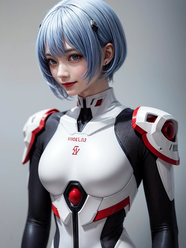 Masterpiece, highest quality, 8K, detailed skin texture, fine cloth texture, beautiful detailed face, intricate details, super detailed, portrait of Rei Ayanami, blue hair, red eyes, looking far away, no background, Evangelion Wearing a plug suit when riding, plug suit, whole body visible, standing, arms crossed, , beautiful, cute, great style, smiling,composition that shows the whole body,