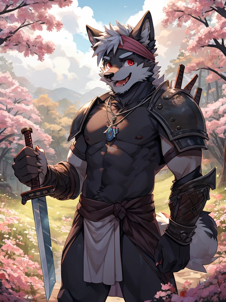 furry,male,Small fresh meat, age, white hair, White spiky hair on the head,dog, knight,dim red eyes, loincloth, naked_shirt,masterpierce, Black body hair, Delicate face, Big eyebrows, Delicate eyes, detailed body, Detailed hands, Detailed claws, White headband,outdoor,open mouth,greetings,saying hello,looking at viewer,necklace,standing,wrist guard,kneecap,elbow pad,sword on hand,plum blossom,rivulet,a shining pearl in the rivulet,front view