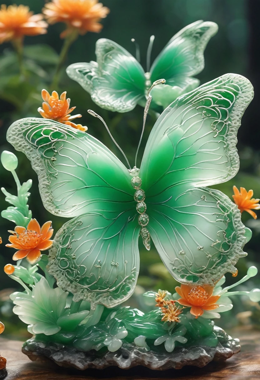 best quality, very good, 16K, ridiculous, Extremely detailed, Gorgeous butterflies,flower,Made of translucent jadeite, Background volcano((A masterpiece full of fantasy elements))), ((best quality)), ((Intricate details))(8k)