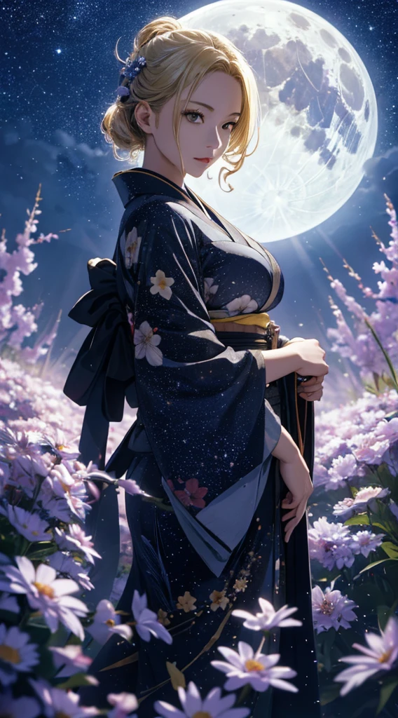 masterpiece, high quality, 4K, Beautiful design, silhouette,blonde, 非常に詳細な夜のStarry Sky,Flower Field, wonderful, Finer details, Very knowledgeable woman, Highly detailed solo, 1 female,Beautiful Eyes,I like rumors,Big Breasts,kimono,Night view,Starry Sky,full moon,