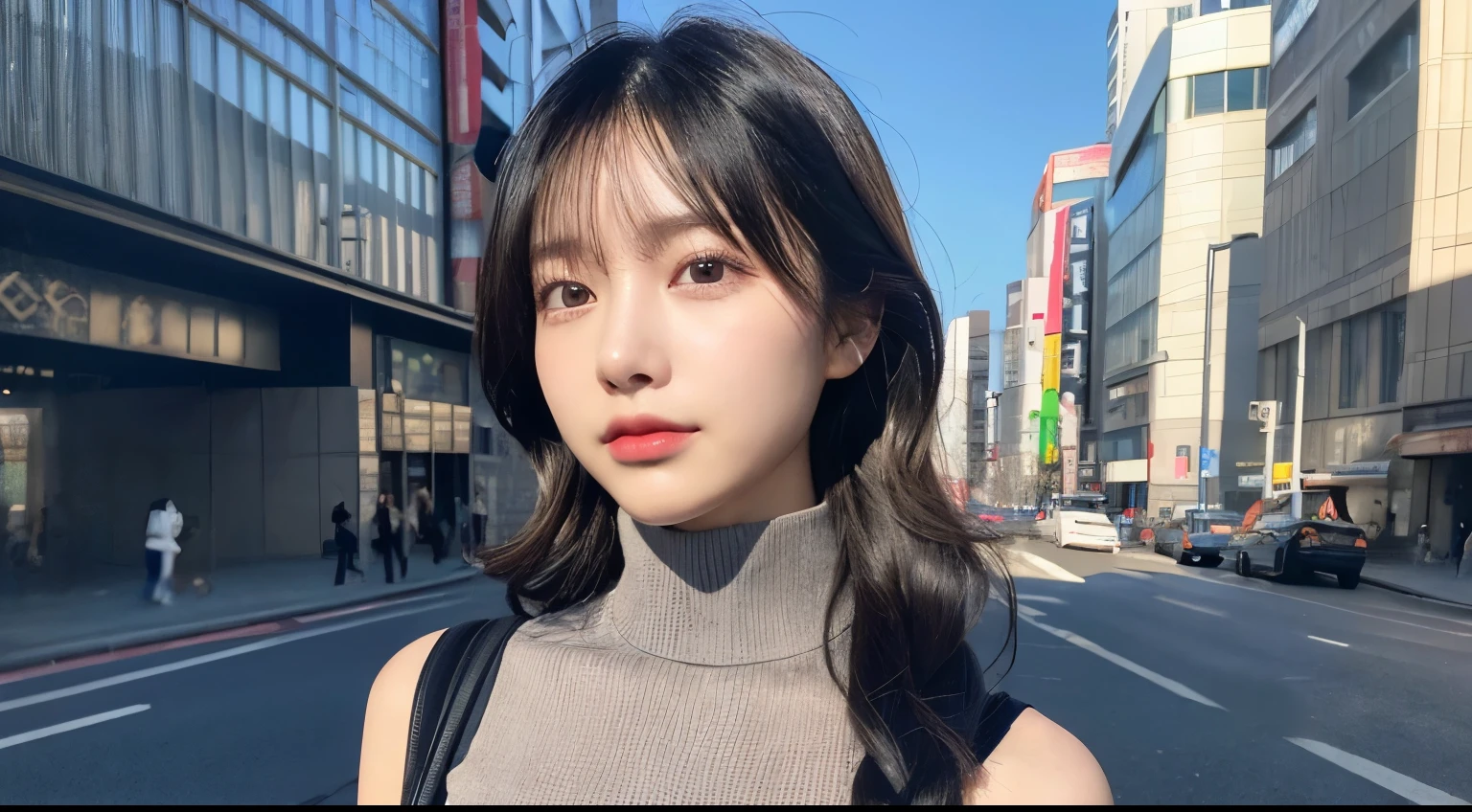 (huge 、Turtleneck knit、Shoulder bag)、(highest quality,masterpiece:1.3,超A high resolution,),(Ultra-detailed,Caustics),(Photorealistic:1.4,RAW shooting,)Ultra-Realistic Capture,Very detailed,High resolution 16K for human skin、 The skin texture is natural、、The skin looks healthy、The color is also uniform.、 Use natural light and color,One Woman,Japanese,,cute,Black-haired,Middle Hair,(Depth of written boundary、chromatic aberration、、Wide range of lighting、Natural Shading、)、(Hair swaying in the wind:1.2)、Tokyo cityscape