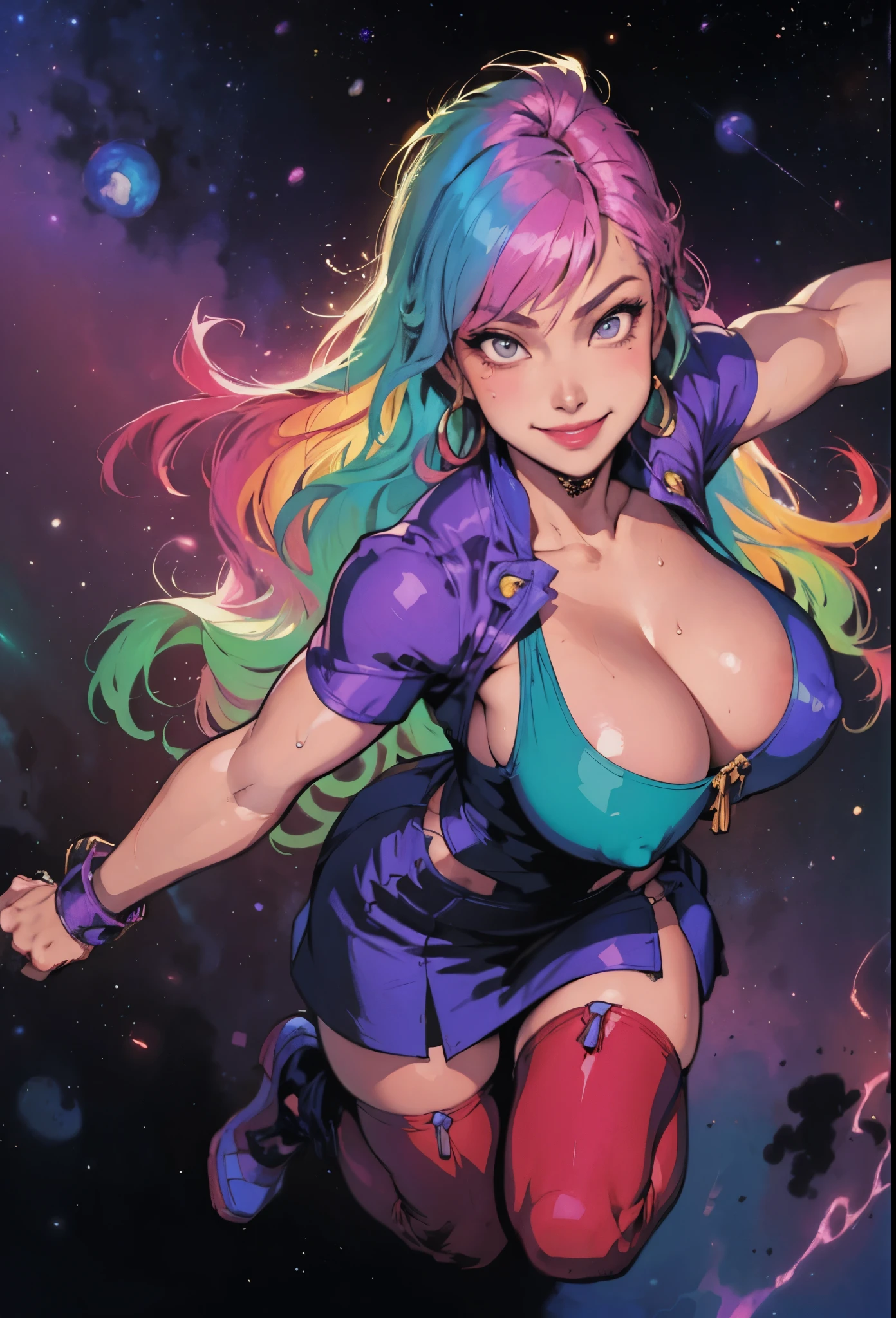 shining rainbow hair in wind, smiling young girl, Digital Painting, super hero, muscle girl, cute face, pose, fist up, arm up, ((from above)), 1 ((knee up)), Behance Contest Winner, Afrofuturism, Synthwave, neon, glowing neon, tight ((((sagging massive breasts)))), mini skirt with frill, Fluttering cape, ribbon, micro wears, large areola, sweat, glossy silky skin, ((smile)), thick waist, cosmic sparkling in space, frying, in dynamic perspective, in detailed coloring finished, by mucha,