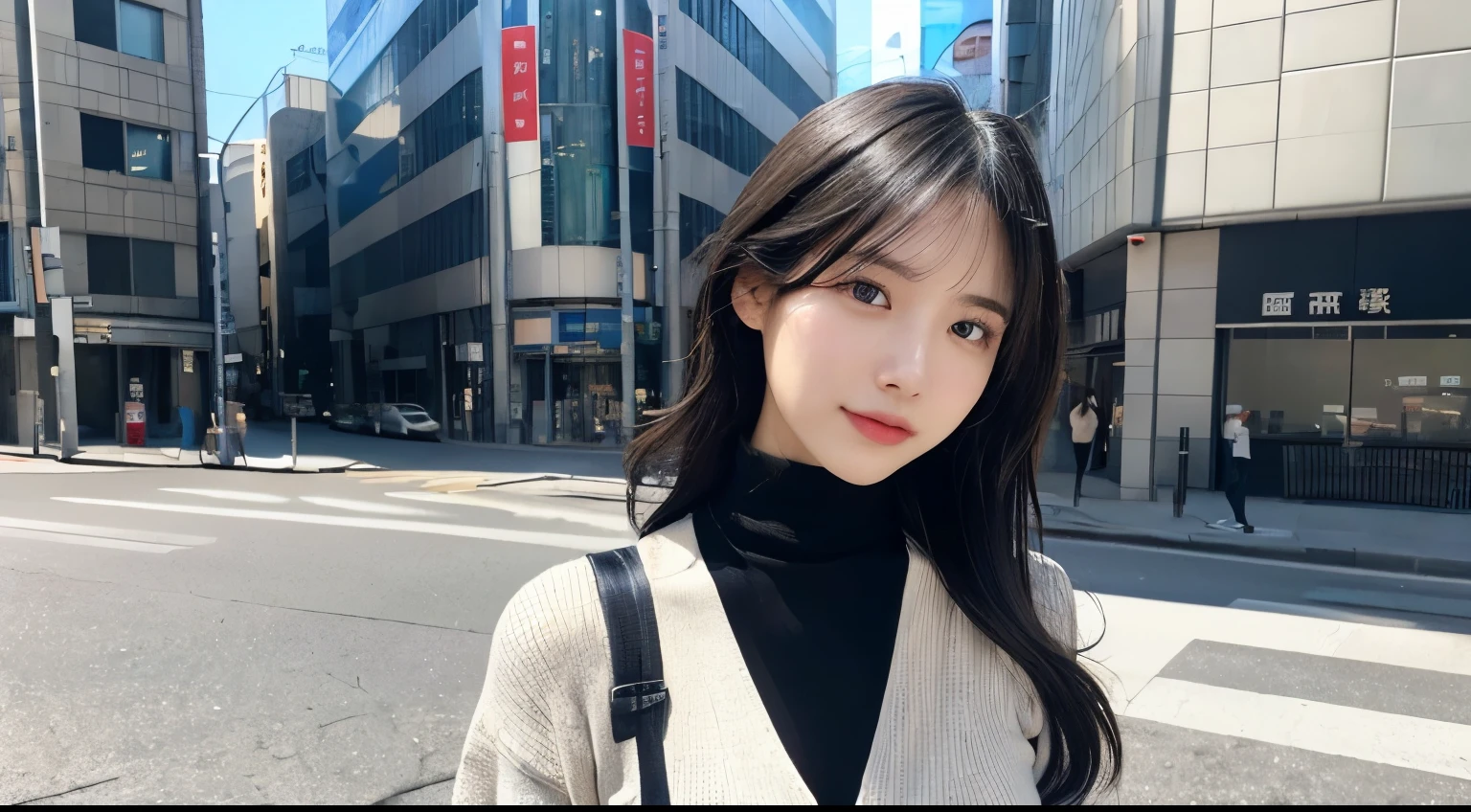 (huge 、Turtleneck knit、Shoulder bag)、(highest quality,masterpiece:1.3,超A high resolution,),(Ultra-detailed,Caustics),(Photorealistic:1.4,RAW shooting,)Ultra-Realistic Capture,Very detailed,High resolution 16K for human skin、 The skin texture is natural、、The skin looks healthy、The color is also uniform.、 Use natural light and color,One Woman,Japanese,,cute,Black-haired,Middle Hair,(Depth of written boundary、chromatic aberration、、Wide range of lighting、Natural Shading、)、(Hair swaying in the wind:1.2)、Tokyo cityscape