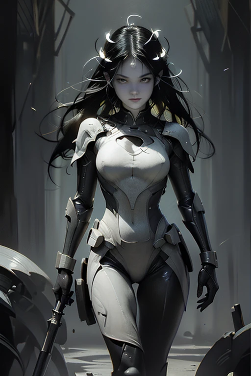 Please create a masterpiece, big eyes, perfectly equal identical round eyes, ((((high contrast, brightness, color tone, dehaze)))), highest contrast, dark shadows, ultra vibrant highlights, stunning beauty, perfect face, epic love, Slave to the machine, full-body, hyper-realistic oil painting, vibrant colors, Body armor, wires, biopunk, cyborg by Peter Gric, Hans Ruedi Giger, Marco Mazzoni, dystopic, golden light, perfect composition,