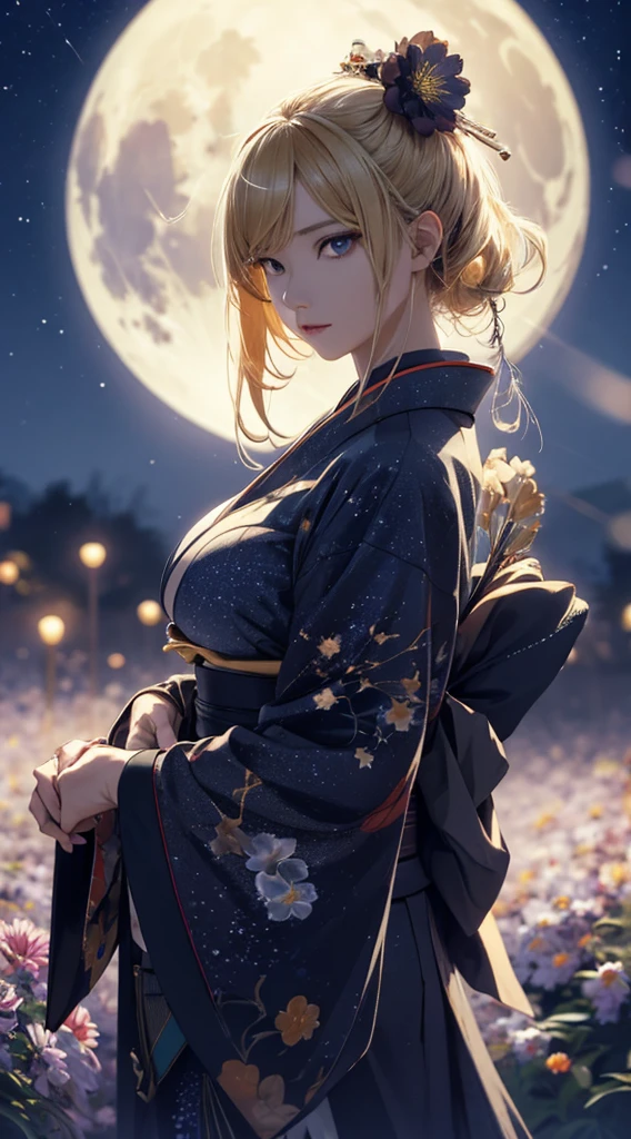 masterpiece, high quality, 4K, Beautiful design, silhouette,blonde, 非常に詳細な夜のStarry Sky,Flower Field, wonderful, Finer details, Very knowledgeable woman, Highly detailed solo, 1 female,Beautiful Eyes,I like rumors,Big Breasts,kimono,Night view,Starry Sky,full moon,