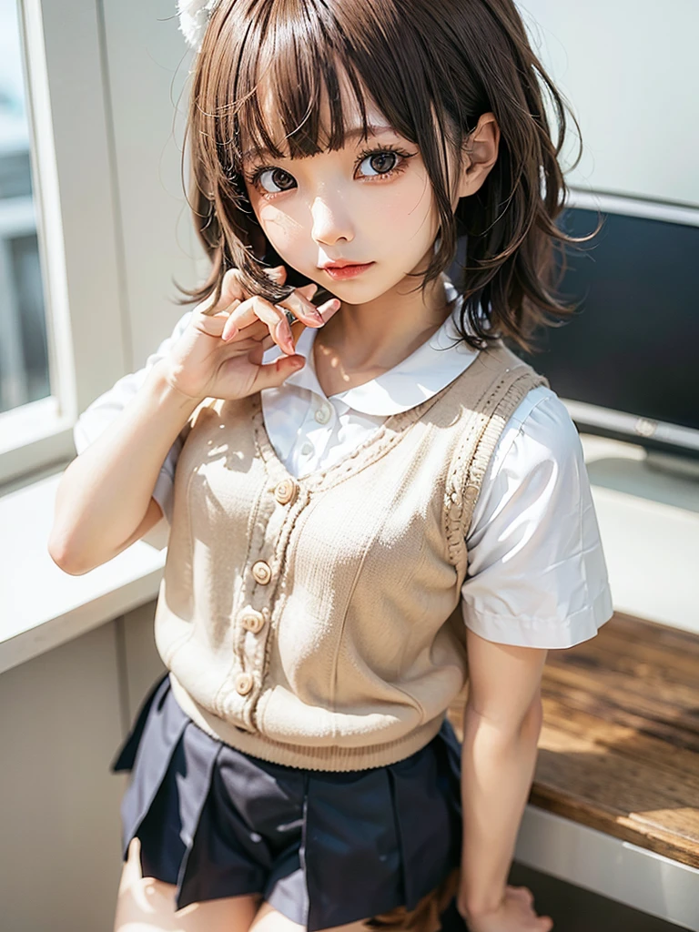 Masterpiece, Top Quality, Top Mikoto, brown eyes, short hair, small breasts, looking at viewer, alone, closed mouth, collared shirt, beige knit vest, dark blue Skirt, school_uniform, shirt, white_shirt, classroom,Masterpiece, highest quality, 8K, detailed skin texture, fine cloth texture, beautiful detailed face, intricate details, super detailed,cute,cute posing,composition that shows the whole body,
