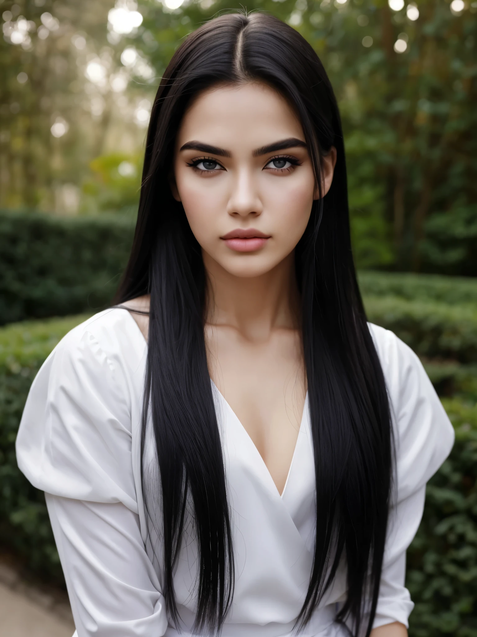 obra de arte, Mais alta qualidade, (Sozinho focus), (rosto perfeito:1.1), (alto detalhe:1.1), (olhos hiper detalhados), dramatic, A guy with pale skin and long voluminous black hair, olhos brancos, Sozinho, Cabelo longo, Sephiroth, Lua, noite, terno de luxo branco, umbigo coberto, pouty lips, pelagem, arrogant expression, Jardim de rosas, fundo detalhado, arte por artgerm, cinematic lighting, rosas, moda, BalenciagaStyle