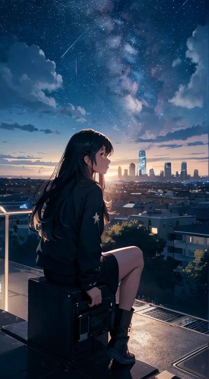 octans, sky, star (sky), scenery, starry sky, night, 1girl, night sky, solo, outdoors, building, cloud, milky way, sitting, tree, long hair, city, silhouette, cityscape