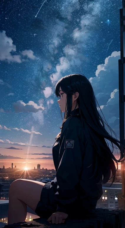 octans, sky, star (sky), scenery, starry sky, night, 1girl, night sky, solo, outdoors, building, cloud, milky way, sitting, tree, long hair, city, silhouette, cityscape