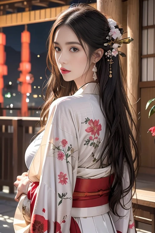 japanese scenery、wearing a kimono、night,moonlight,moon,Cherry tree、unreal machine:1.4,nffsw,best quality:1.4, From photoreal:1.4, skin texture:1.4, works:1.8, 1 woman, raise hips high- tall, beautiful eyes, long haired person, ring shaped eyes, jewels, tattoos, kimono