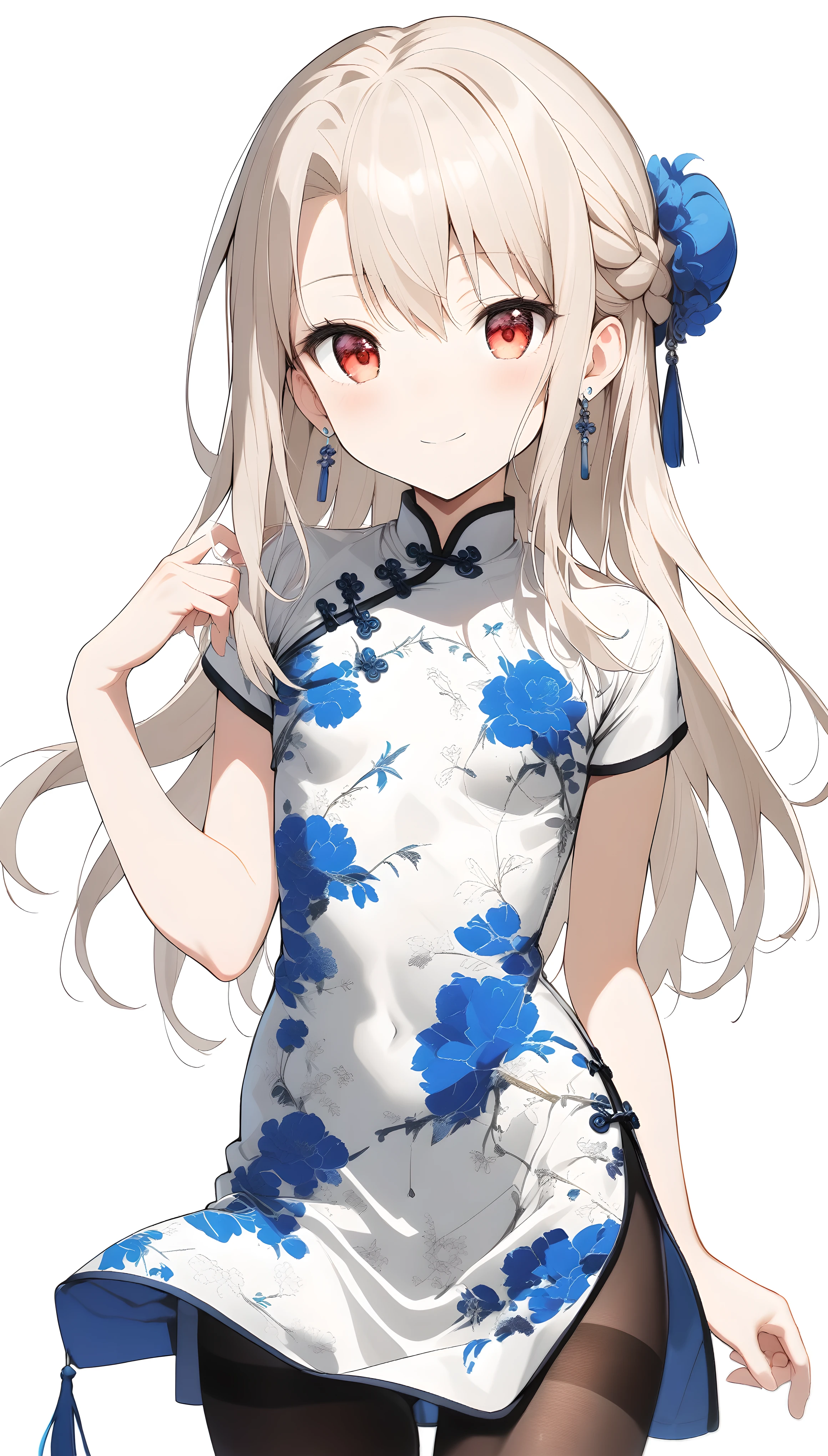 qipao,1girl,(illyasviel von einzbern),red_eyes,cream hair,(french braid),smile,blue flower,breasts,china dress,chinese clothes,dress,earrings,floral print,hand up,long hair,looking at viewer,pantyhose,print dress,simple background,smile,solo,white background