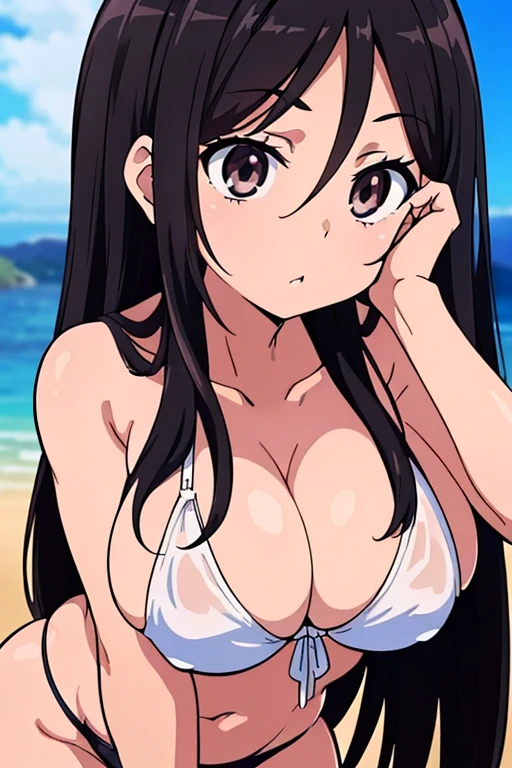 ((masutepiece, Best Quality, High resolution, anime screen cap, anime colours, in 8K, anime keyvisual)):1.5, Blowmailing, 1girl in, Cute, blush, (Long Black Hair:1.5), 14years, (Oversized large sagging breasts:1.5), cleavage, ((White Micro Bikini:1.5, Thin fabric)), Navel Ejection, Arms Down, Upper body, beach side, ((Perfect Anatomy, beautifull detailed face, Beautiful detailed eyes, beautiful detailed hair, Beautiful detailed body)), thick outline, Beautiful outlines, black outlines