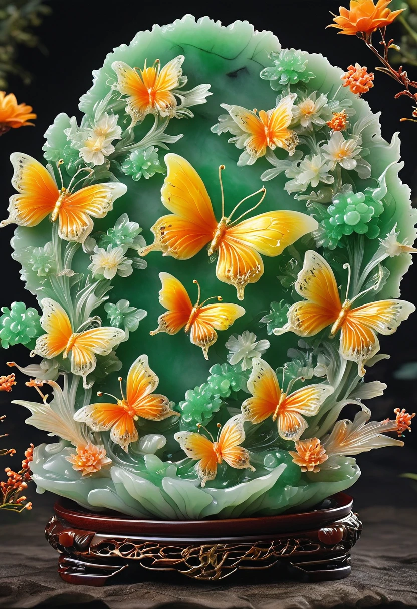 best quality, very good, 16K, ridiculous, Extremely detailed, Gorgeous butterflies,flower,Made of translucent jadeite, Background volcano((A masterpiece full of fantasy elements))), ((best quality)), ((Intricate details))(8k)