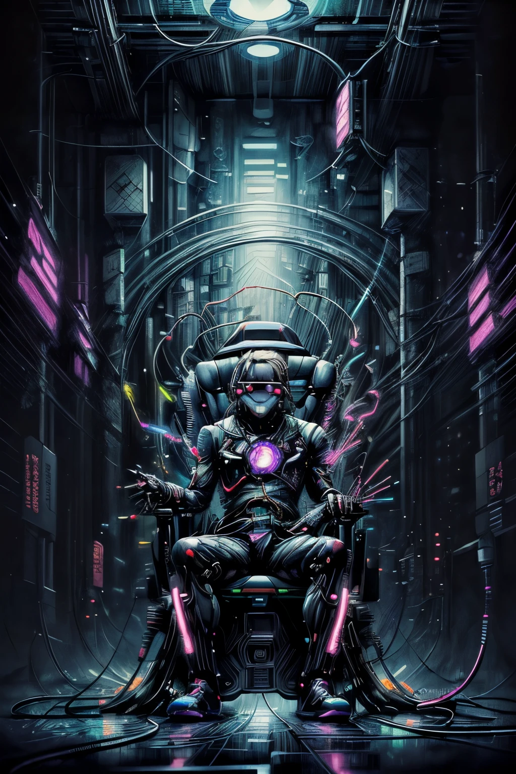 (best quality,highres:1.2), (anime,kyoto animation style), (cyber god), (detailed, ultra-fine painting), (virtual reality, futuristic),(throne), (wires, cables, electric signals), (neon lights, vibrant colors), (dark atmosphere)