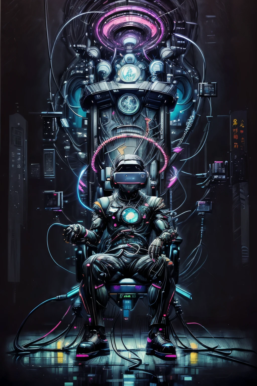 (best quality,highres:1.2), (anime,kyoto animation style), (cyber god), (detailed, ultra-fine painting), (virtual reality, futuristic),(throne), (wires, cables, electric signals), (neon lights, vibrant colors), (dark atmosphere)