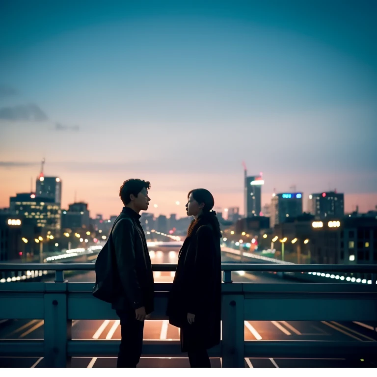 Two people standing on a bridge looking at the city, A scene from a movie, Still in the movie, Movie screenshots, Highlights from the movie, Filming, 실사 A scene from a movie, 8k 50mm ISO 10, Also active in live-action films, Still in the movie, Movie still frame, still Filming
