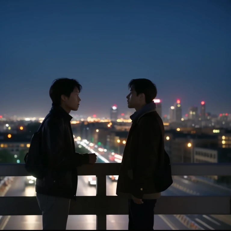 Two people standing on a bridge looking at the city, A scene from a movie, Still in the movie, Movie screenshots, Highlights from the movie, Filming, 실사 A scene from a movie, 8k 50mm ISO 10, Also active in live-action films, Still in the movie, Movie still frame, still Filming