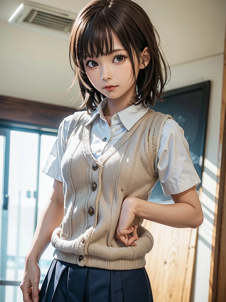 Masterpiece, Top Quality, Top Mikoto, brown eyes, short hair, small breasts, looking at viewer, alone, closed mouth, collared shirt, beige knit vest, dark blue  Skirt, school_uniform, shirt, white_shirt, classroom,Masterpiece, highest quality, 8K, detailed skin texture, fine cloth texture, beautiful detailed face, intricate details, super detailed,cute,cute posing,composition that shows the whole body,