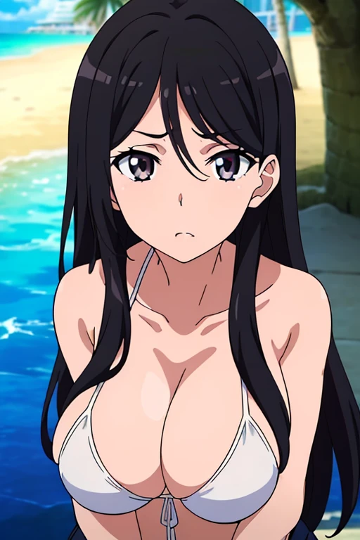 ((masutepiece, Best Quality, High resolution, anime screen cap, anime colours, in 8K, anime keyvisual)):1.5, Blowmailing, 1girl in, Cute, blush, (Long Black Hair:1.5), ears, (Oversized large sagging bre5), cleavage, Micro Bikini:1.5, Thin fabric)), Navel Ejection, Arms Down, Upper body, beach side, ((Perfect Anatomy, beautifull detailed face, Beautiful detailed eyes, beautiful detailed hair, Beautiful detailed body)), thick outline, Beautiful outlines, black outlines