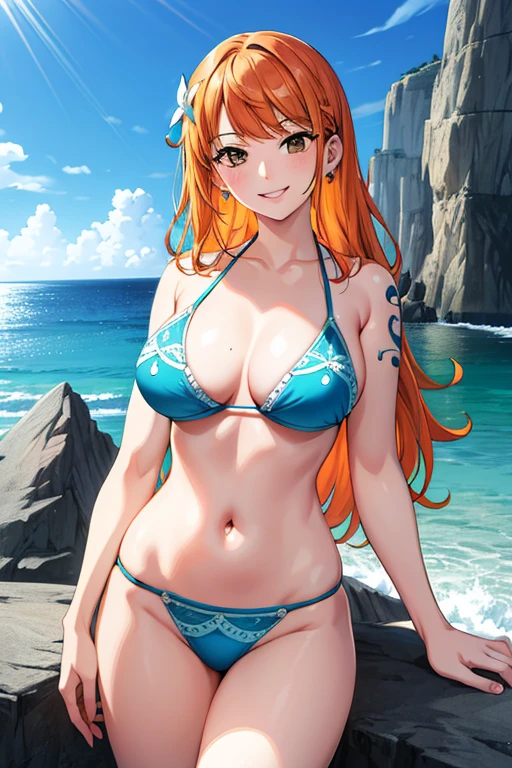 masterpiece, ((ultra detailed background, delicate pattern, intricate detail)), (highly detailed, fine details), best quality, beautiful lighting, ((medium breasts, slim girl)), NamiFinal, ((bikini, swimsuit)), simple shirt, 1girl, orange hair, solo, long hair, jewelry, brown eyes, smile, earrings, ((blue tattoo, left shoulder tattoo)), (complex detailed background, barren land, rocks, ocean, oustide, nature environment), (cowboy shot), 