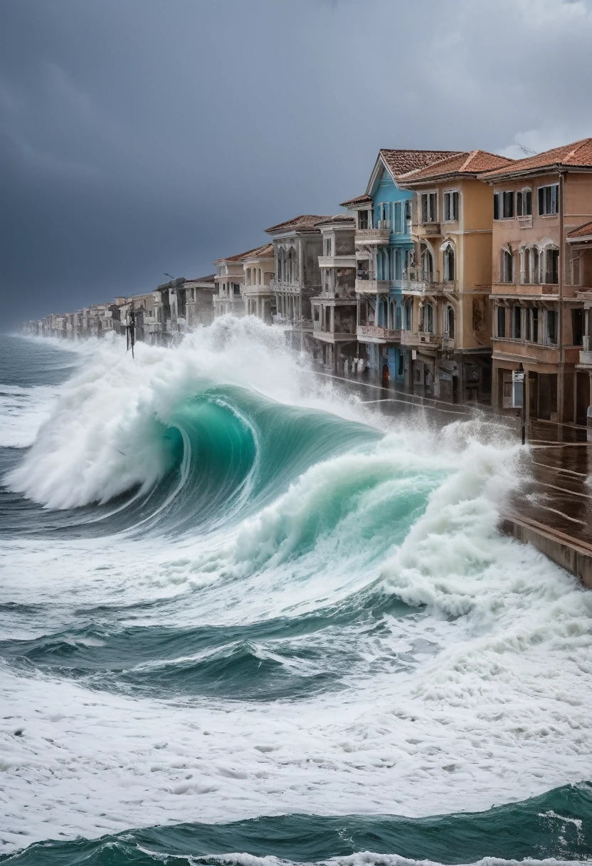 From the depths of the ocean, a tsunami crashes upon a coastal town, a wall of water consuming everything in its path, leaving destruction in its wake, (masterpiece, best quality, Professional, perfect composition, very aesthetic, absurdres, ultra-detailed, intricate details:1.3)
