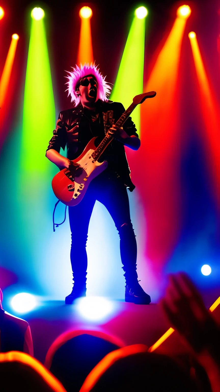 Punk-style Patrick Star, holding an electric guitar, standing on the stage, surrounded by flashing lights and enthusiastic audiences.