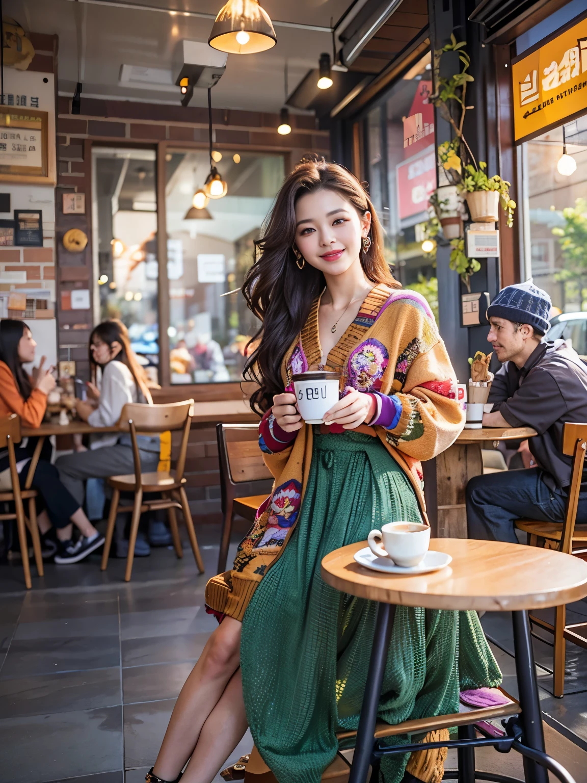 masterpiece、highest quality、Awards、Photorealistic、Extremely realistic details、Woman relaxing in a coffee shop、Smile、Observe the audience、fashionable、Wear brightly colored clothing、Coffee shop in the background