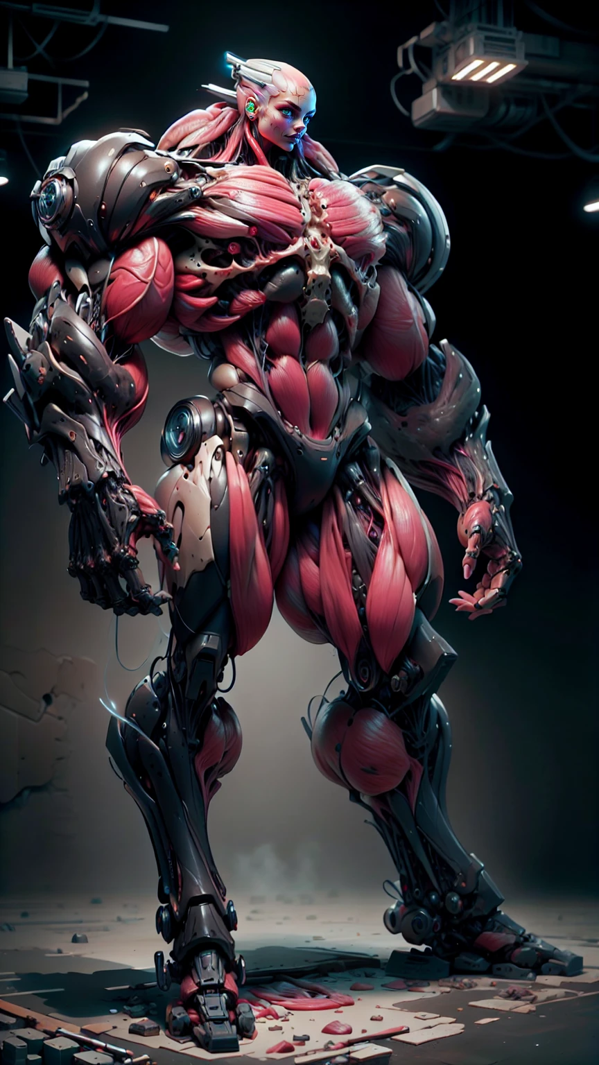 (1 girl), (cara delevingne), (muscular android girl wearing a black anatomic cybernetic muscle suit:1.25), (wide shoulders:1.25), (muscular defined physique:1.25), perfect hands, (long hair:1.25), large breasts, high resolution image, extreme detail, blank background
