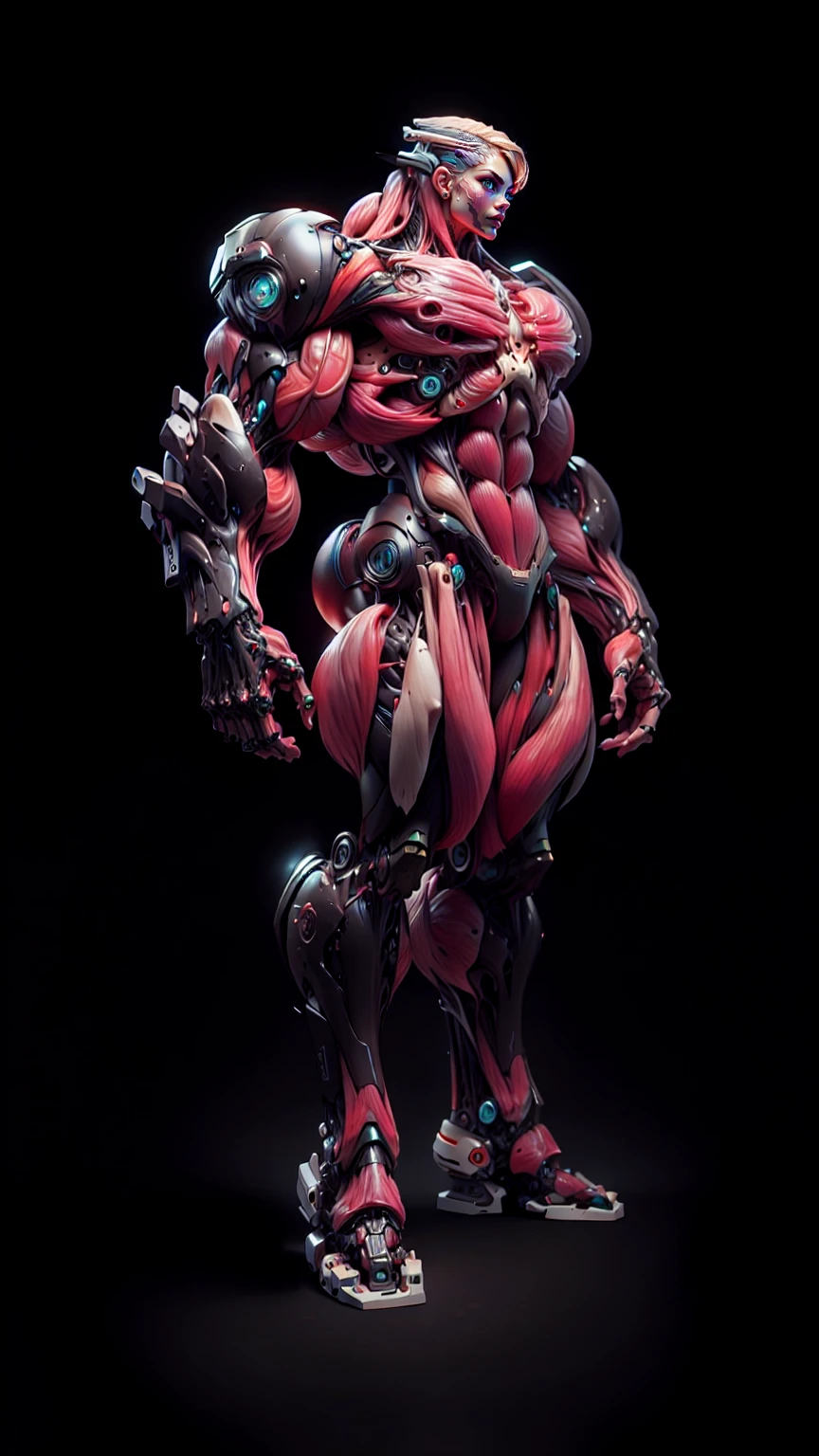 (1 girl), (cara delevingne), (muscular android girl wearing a black anatomic cybernetic muscle suit:1.25), (wide shoulders:1.25), (muscular defined physique:1.25), perfect hands, (long hair:1.25), large breasts, high resolution image, extreme detail, blank background