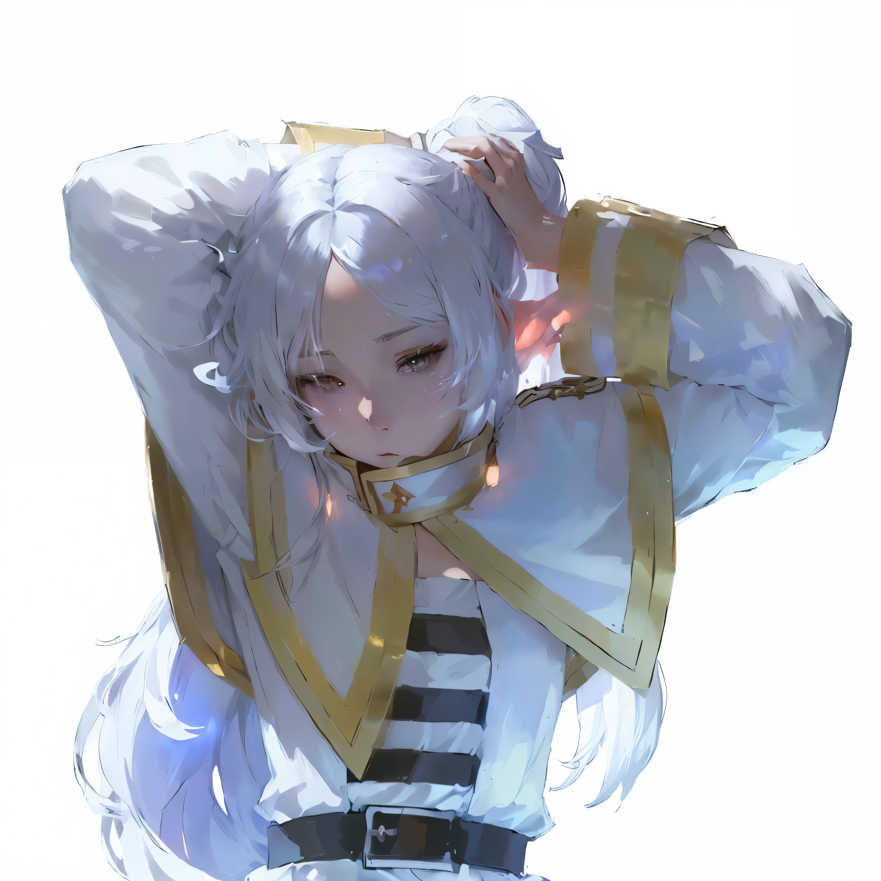 anime girl with white hair and a white dress holding her head, relaxed dwarf with white hair, guweiz, crisp clear rpg portrait, white haired deity, ayanami, anime character, detailed anime character art, anime character art, made with anime painter studio, silver hair (ponytail), dwarf with white hair, white hair floating in air, ayaka genshin impact